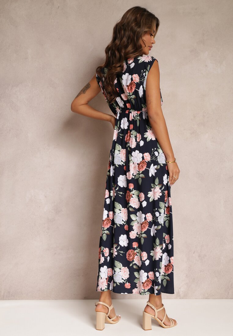Czarna Sukienka Maxi w Kwiaty z Gumką w Talii Kaleita