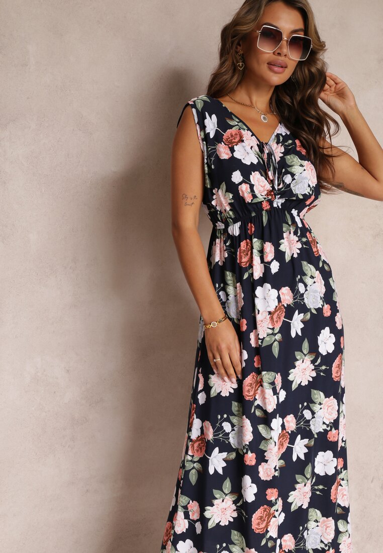 Czarna Sukienka Maxi w Kwiaty z Gumką w Talii Kaleita
