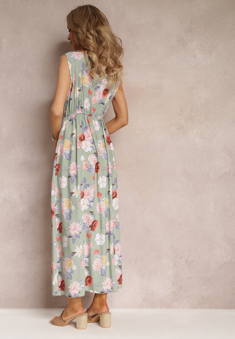 Jasnozielona Sukienka Maxi w Kwiaty z Gumką w Talii Kaleita
