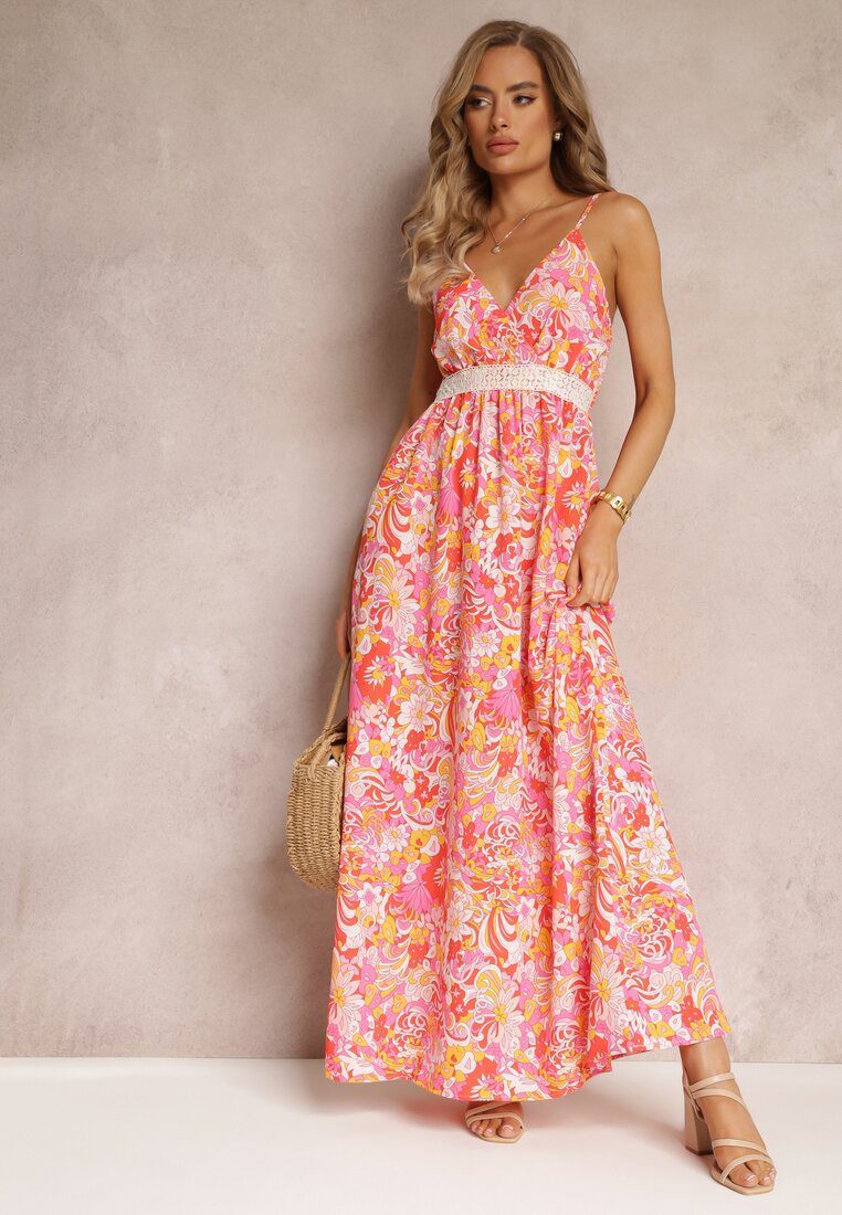 Rochie maxi cloș roșu-roz cu bretele Blakela