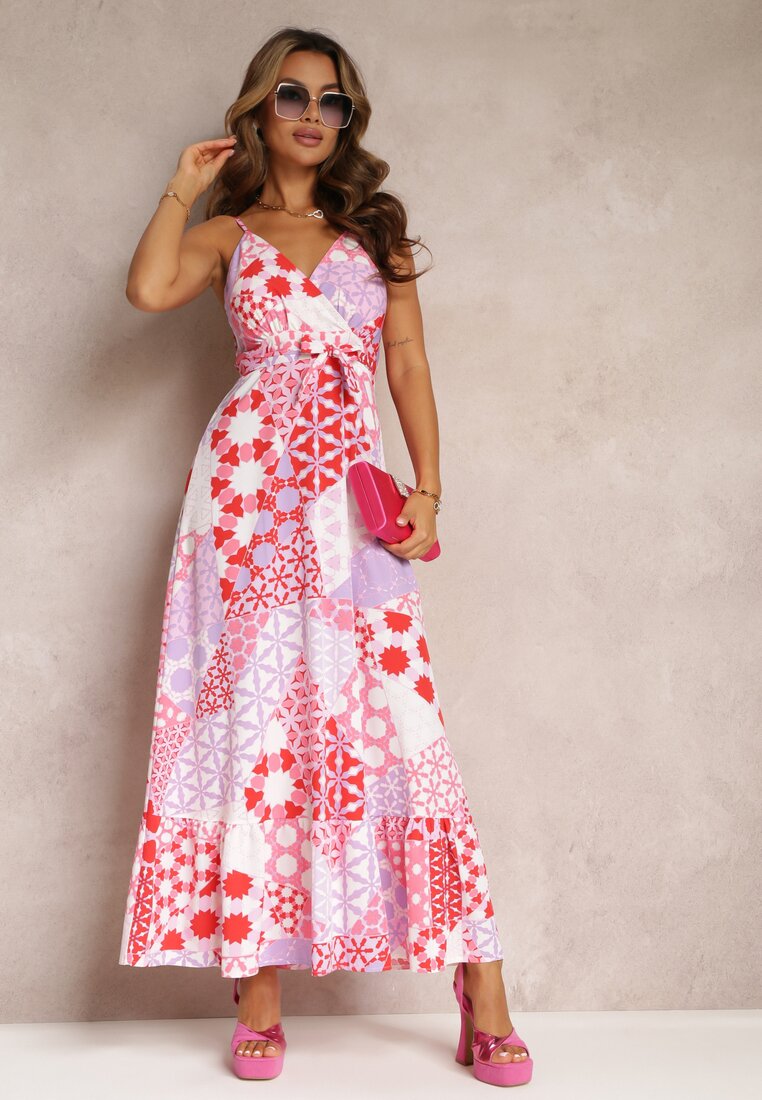 Różowa Rozkloszowana Sukienka Maxi na Ramiączkach Aadane