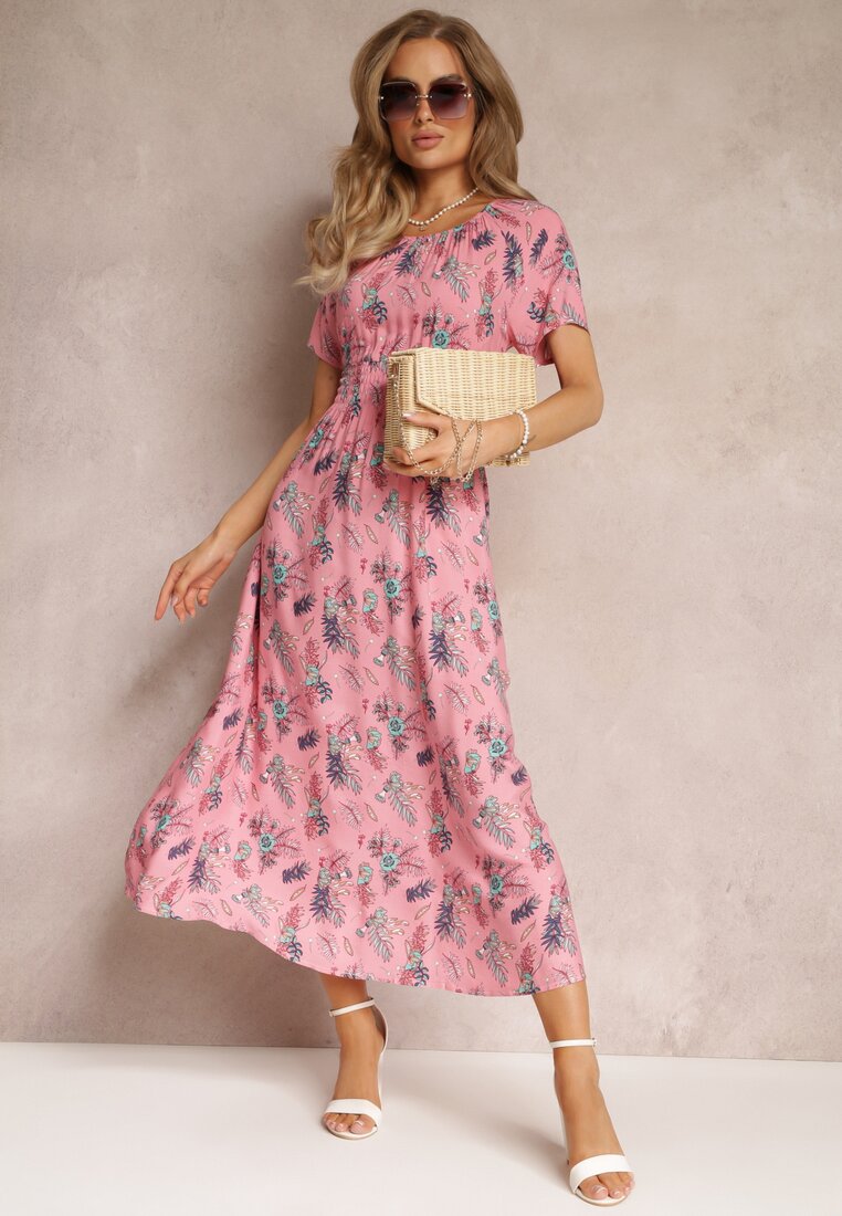 Różowa Wiskozowa Sukienka Maxi w Kwiaty Gumką w Pasie Shyle