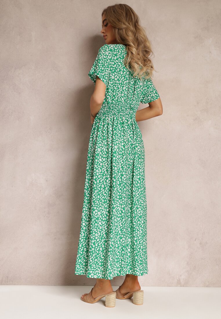 Zielona Wiskozowa Sukienka Maxi z Hiszpańskim Dekoltem i Gumką w Pasie Rosela