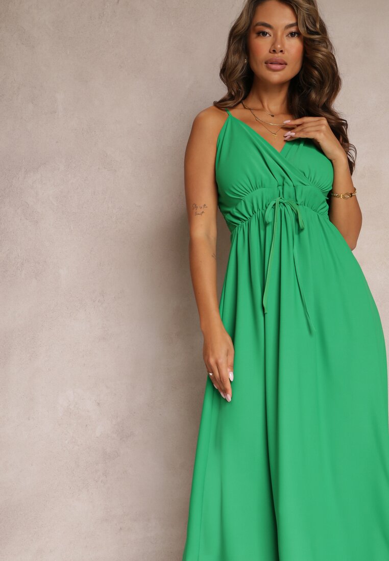 Zielona Długa Sukienka Maxi z Falbaną na Dole i Gumką w Talii Sherrie