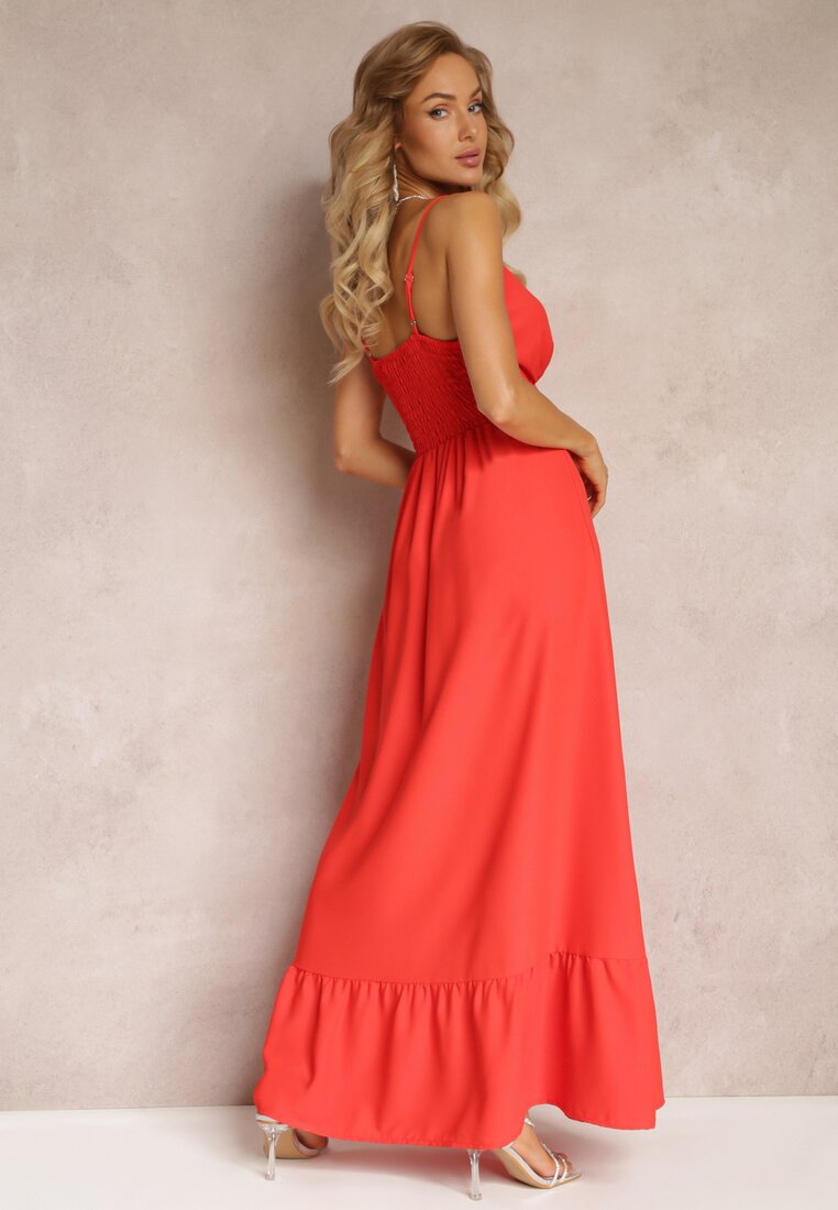 Czerwona Długa Sukienka Maxi z Falbaną na Dole i Gumką w Talii Sherrie