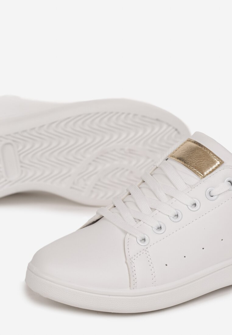 Biało-Złote Wiązane Sneakersy na Płaskiej Podeszwie z Przeszyciami Ereath