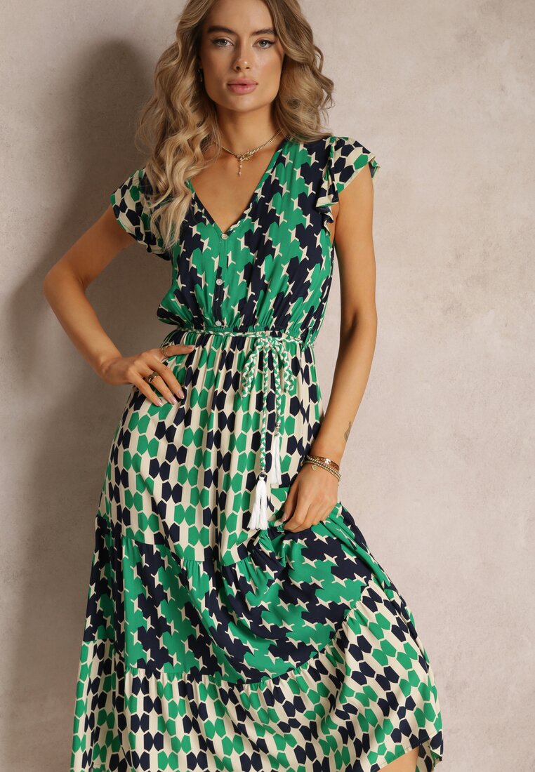 Zielona Wiskozowa Sukienka Maxi z Gumką w Talii i Falbankami przy Ramionach Baldise