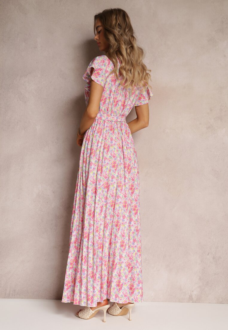 Jasnoróżowa Plisowana Sukienka Maxi w Kwiatki z Gumką w Talii Ikama