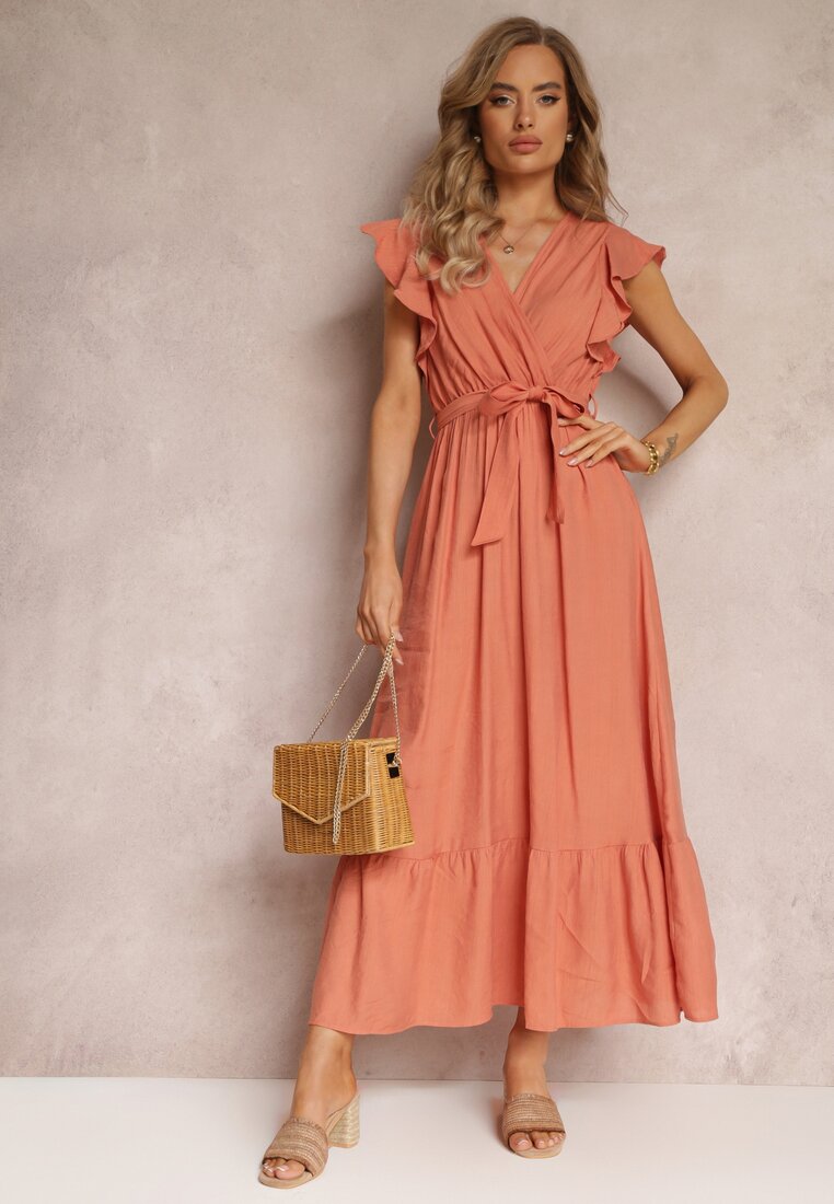 Pomarańczowa Rozkloszowana Sukienka Maxi z Gumką w Talii Lavla