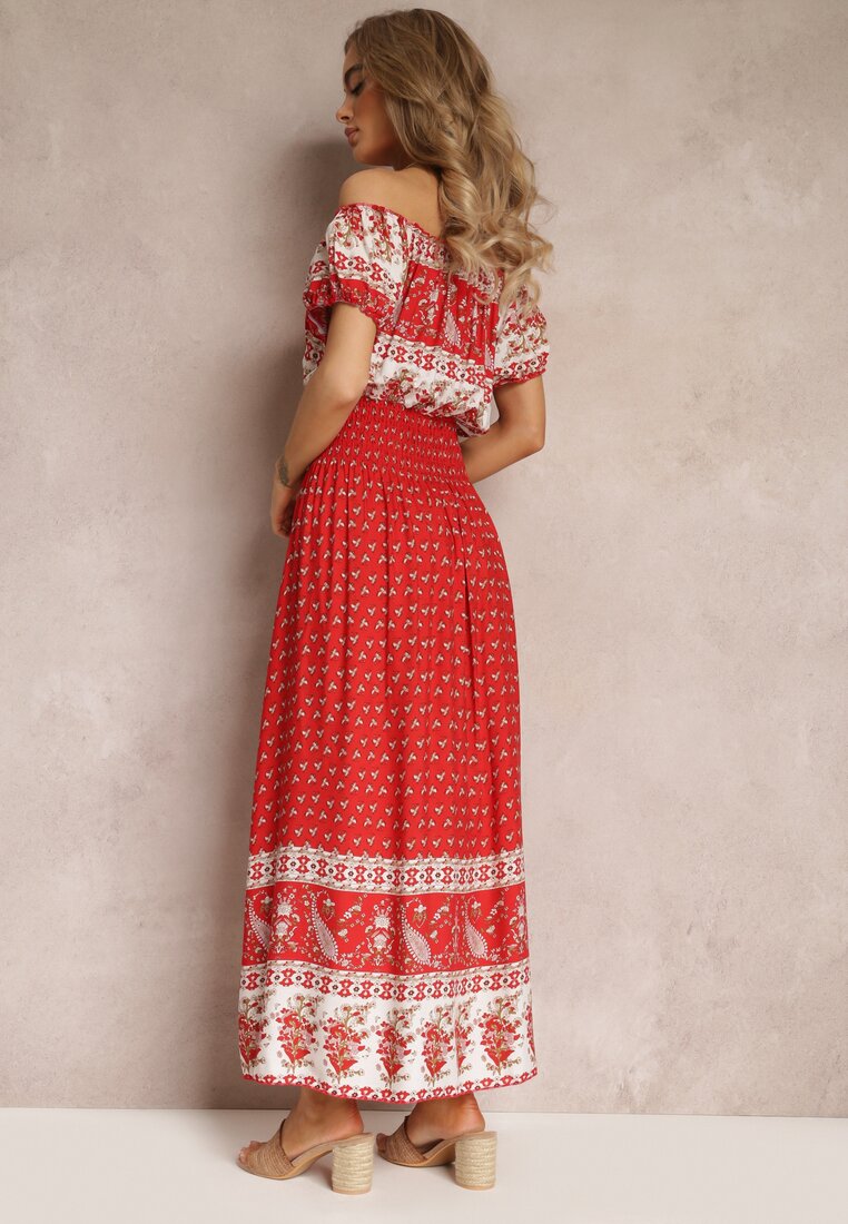 Czerwona Sukienka Hiszpanka Maxi z Gumką w Pasie z Bawełny Eilena