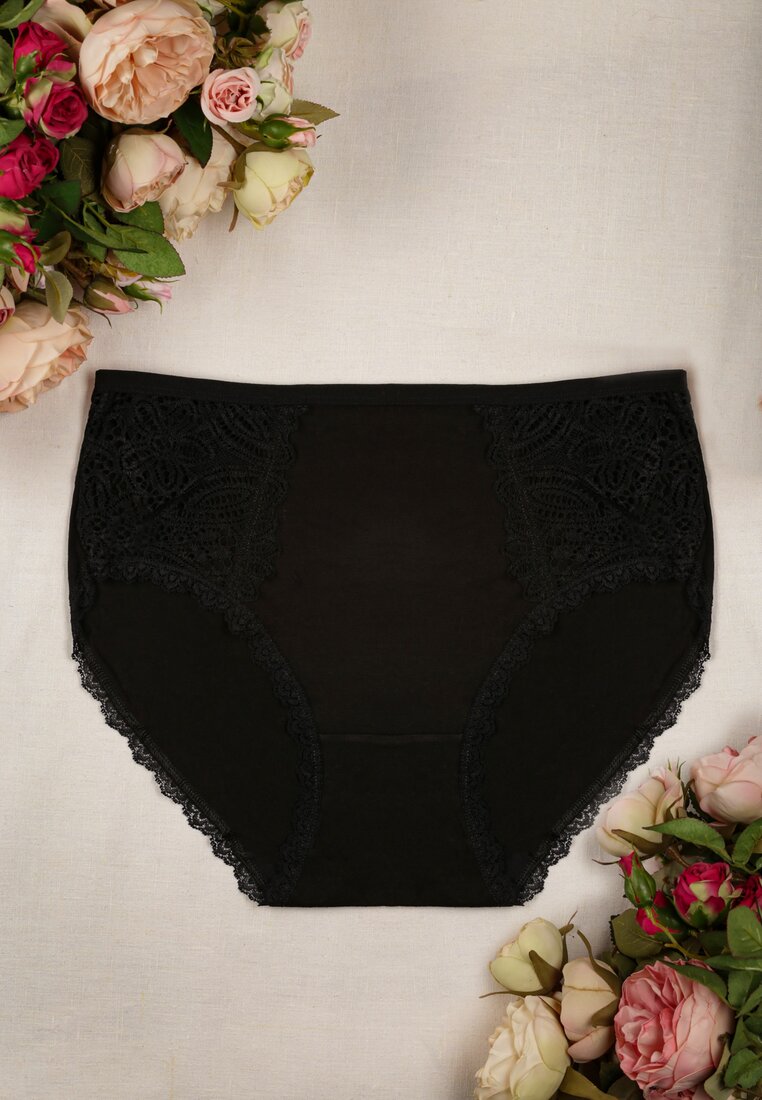 Czarne Majtki Figi High Waist z Koronkowymi Wstawkami Graceland