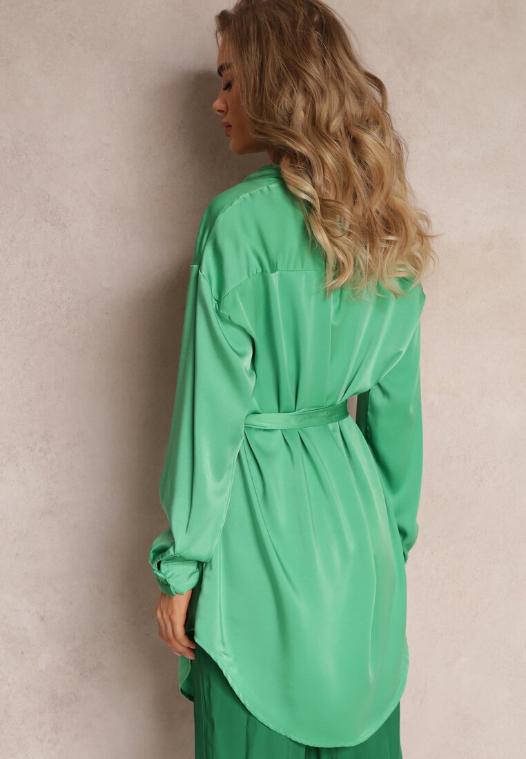 Zielona Sukienka Koszula z Materiałowym Paskiem Sihis