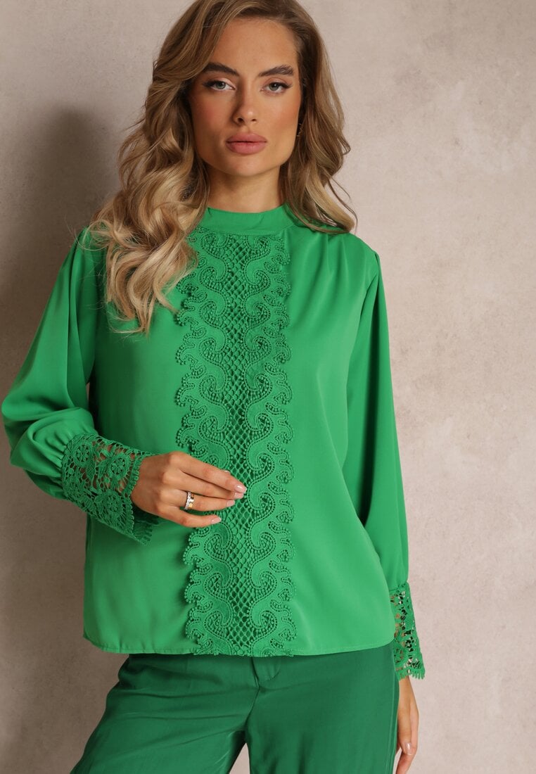 Bluză Verde Dantelă Vâscoză Închidere Spate Fahin