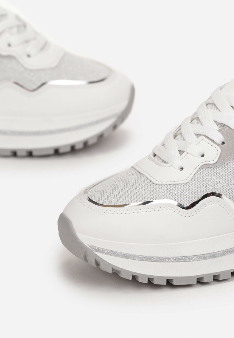 Białe Sneakersy z Cholewką przed Kostkę Ozdobione Brokatem Telse