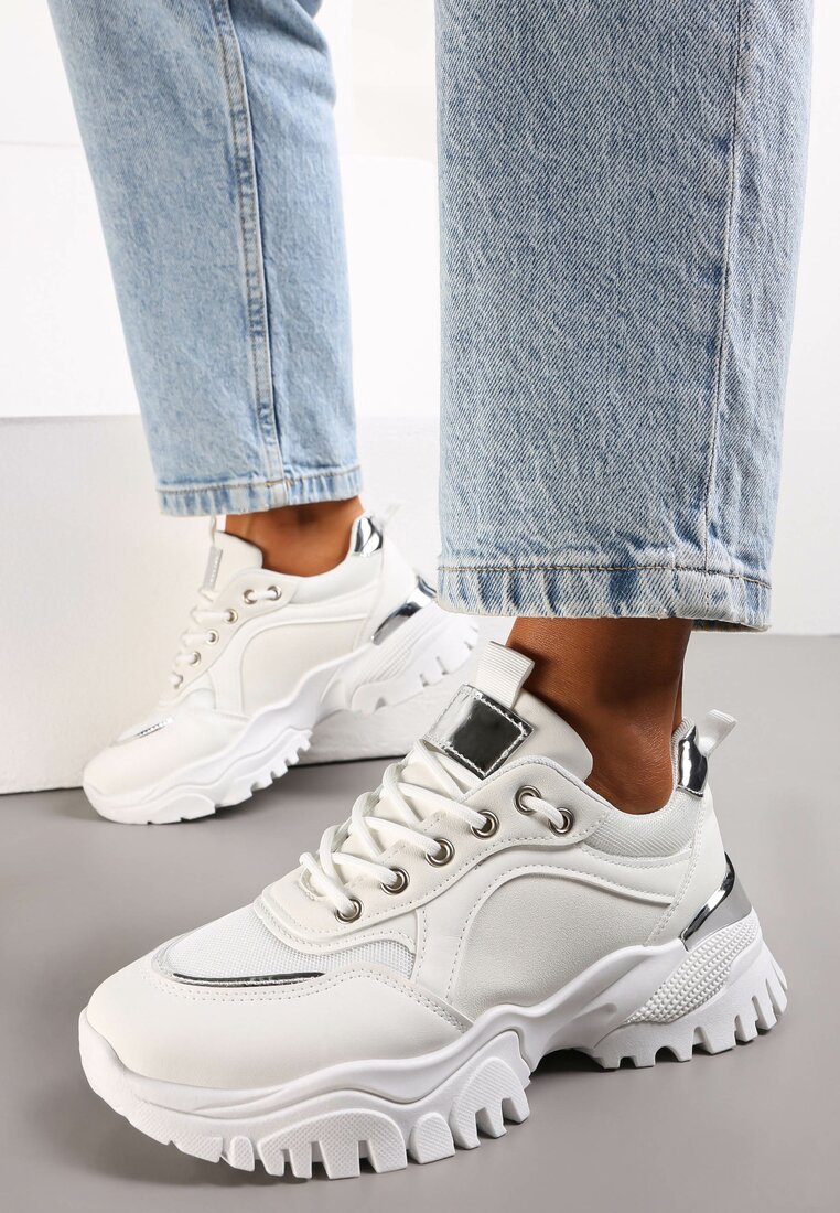 Białe Sznurowane Sneakersy z Metalicznym Wstawkami na Grubej Podeszwie Nadre
