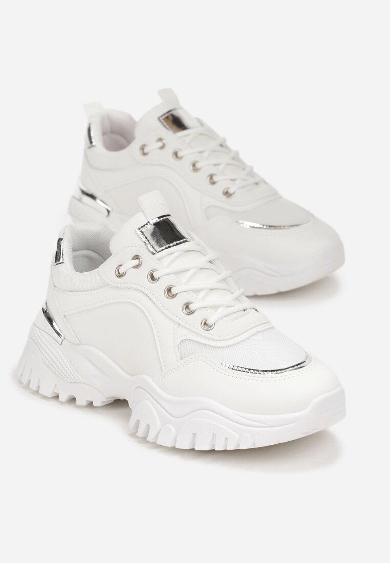 Białe Sznurowane Sneakersy z Metalicznym Wstawkami na Grubej Podeszwie Nadre