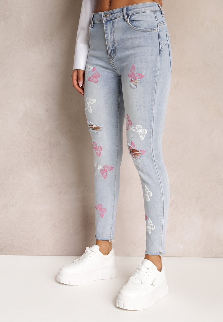 Jasnoniebieskie Jeansy Skinny w Motyle Panisia