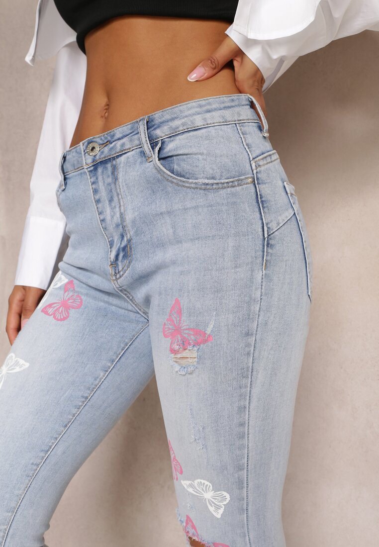 Jasnoniebieskie Jeansy Skinny w Motyle Panisia