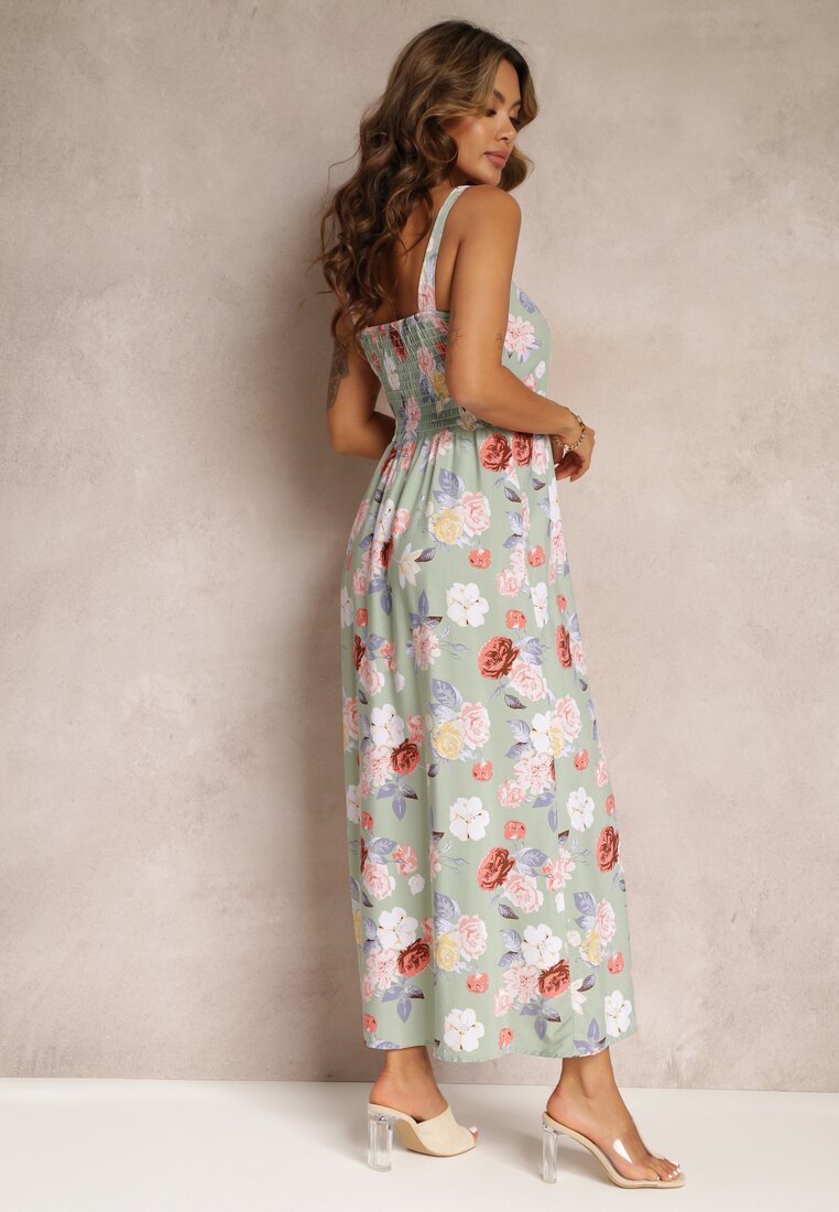 Rochie Verde Maxi cu Flori cu Talia evazata cu Bretele Aletaina