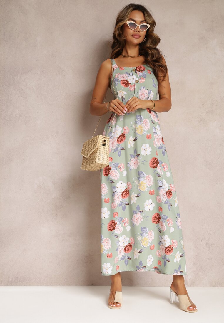 Rochie Verde Maxi cu Flori cu Talia evazata cu Bretele Aletaina