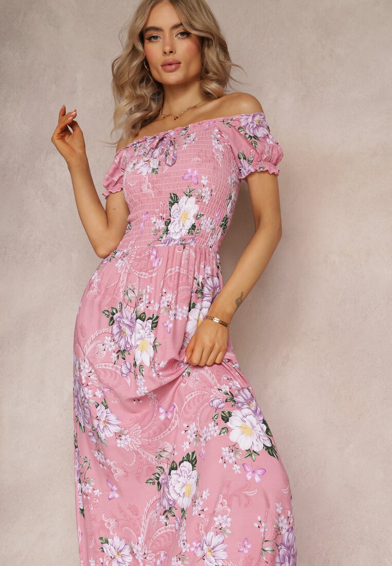 Rochie Maxi Roz cu Decolteu Ornat și Bretele Subțiri Nesaina