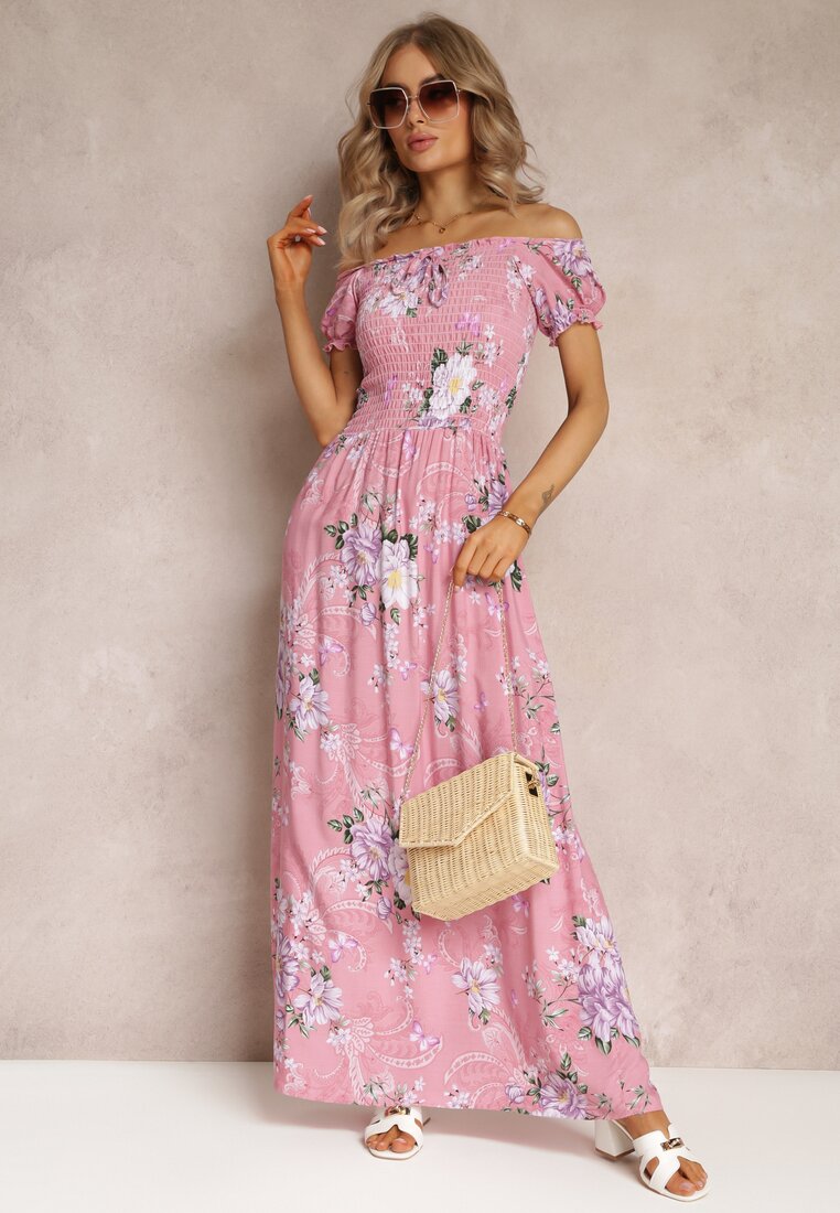 Rochie Maxi Roz cu Decolteu Ornat și Bretele Subțiri Nesaina