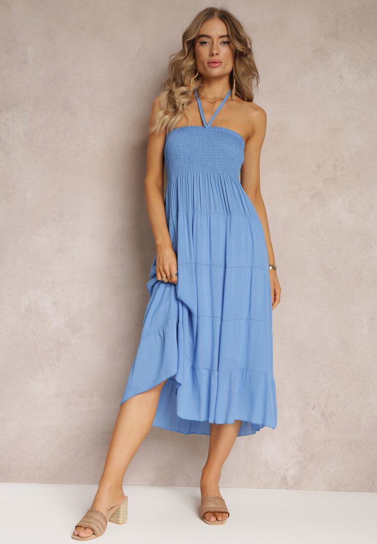 Niebieska Sukienka Midi bez Ramiączek z Wiskozy Arme