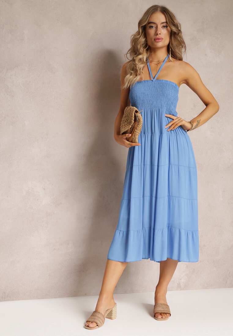 Niebieska Sukienka Midi bez Ramiączek z Wiskozy Arme