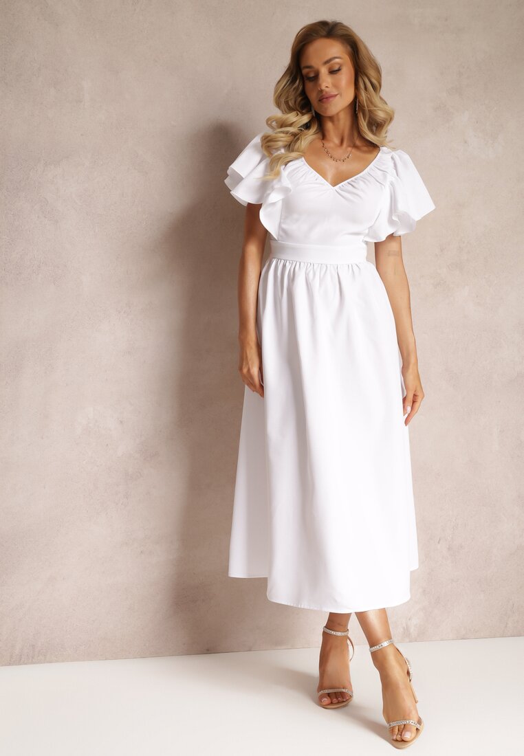 Biała Taliowana Sukienka Maxi z Falbanami Giftis
