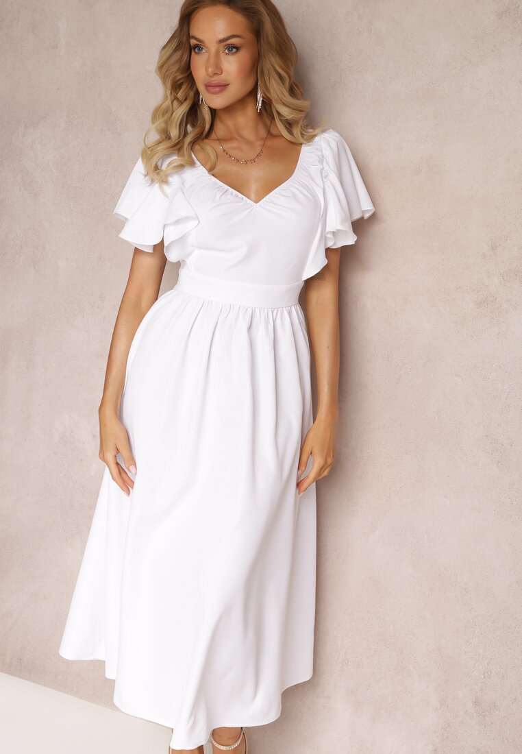 Biała Taliowana Sukienka Maxi z Falbanami Giftis