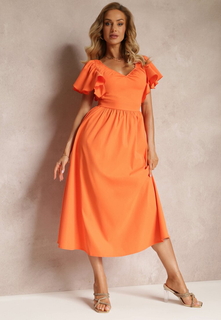 Pomarańczowa Taliowana Sukienka Maxi z Falbanami Giftis