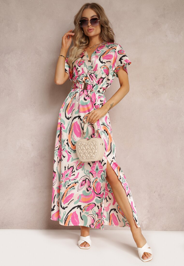 Różowa Kopertowa Sukienka Maxi z Gumką w Pasie i Elastycznym Paskiem Valerisa