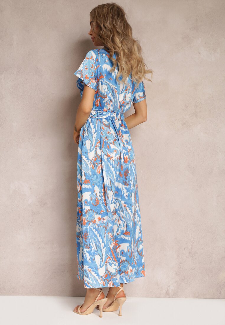 Niebieska Rozkloszowana Sukienka Maxi z Gumką w Talii i Materiałowym Paskiem Tivia