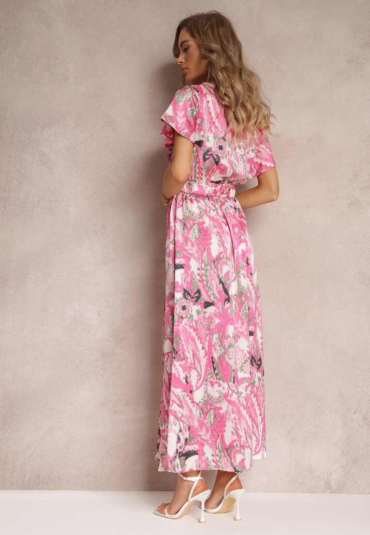 Różowa Rozkloszowana Sukienka Maxi z Gumką w Talii i Materiałowym Paskiem Tivia