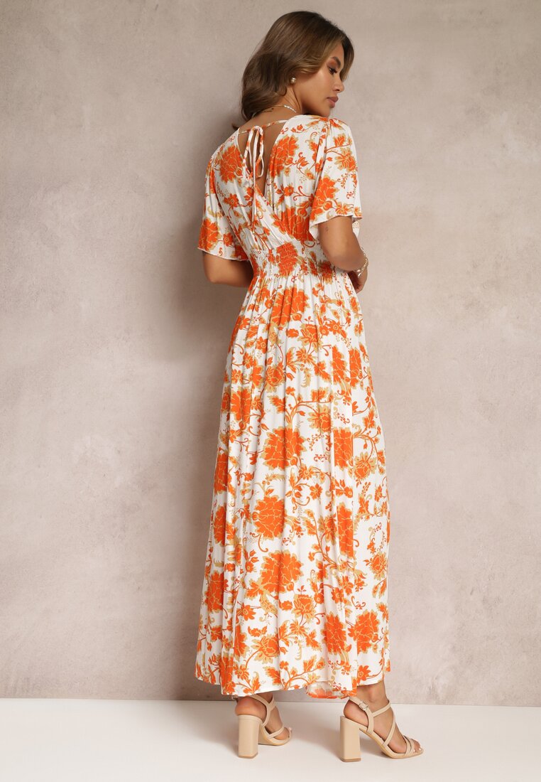 Pomarańczowa Rozkloszowana Sukienka Maxi w Kwiaty z Wiskozy Manishie