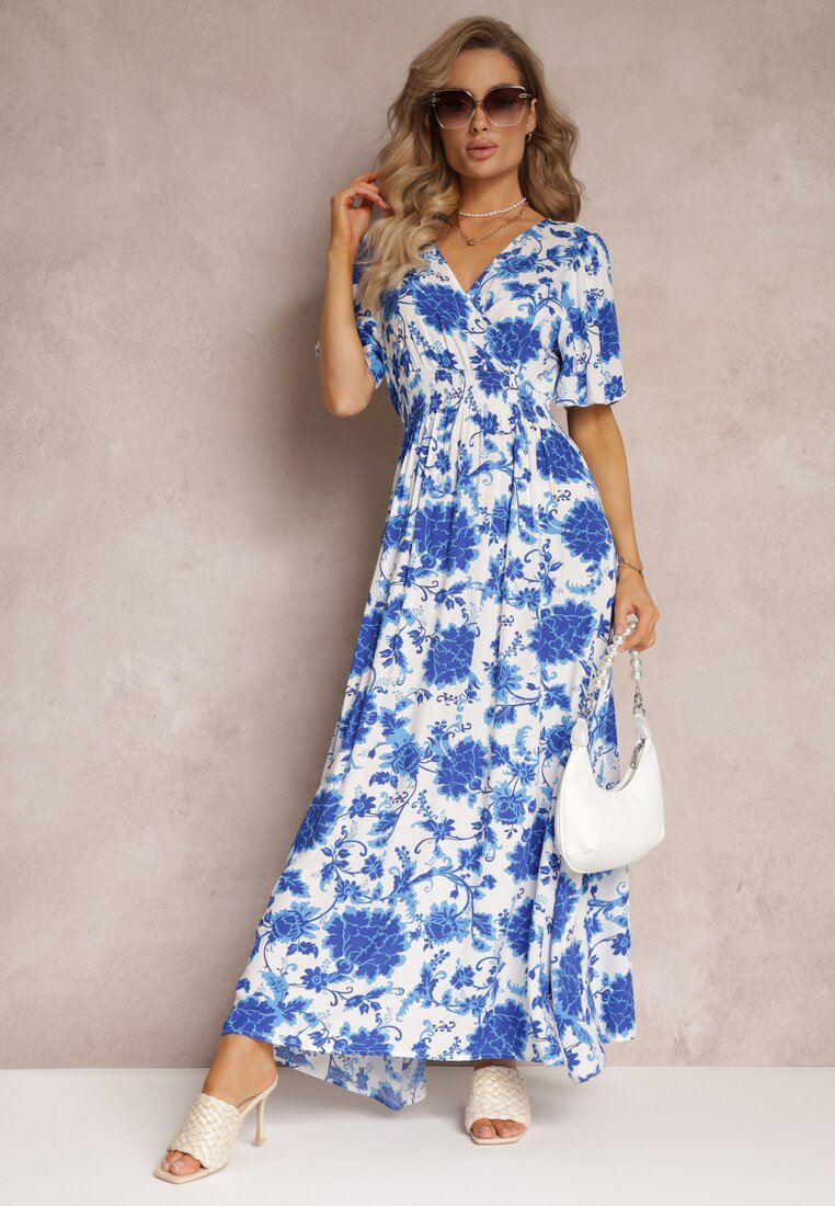 Niebieska Rozkloszowana Sukienka Maxi w Kwiaty z Wiskozy Manishie