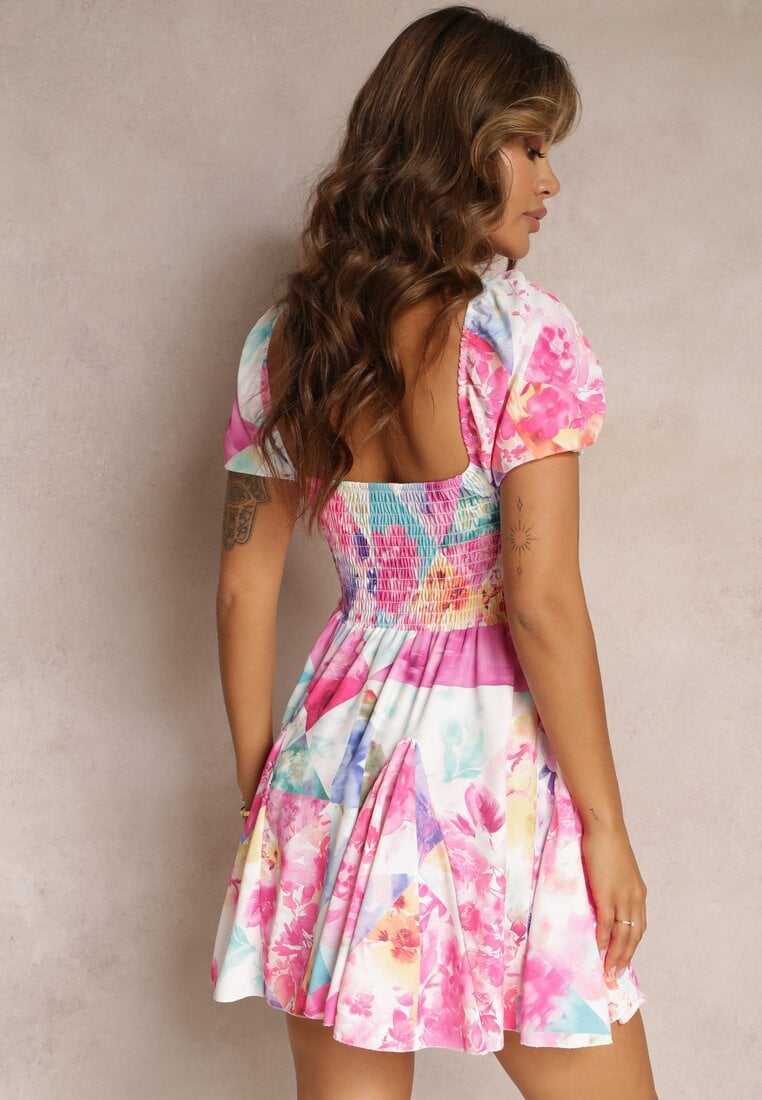Rochie mini evazată fuchsia cu mâneci scurte și benzi subțiri elastice Evelilles