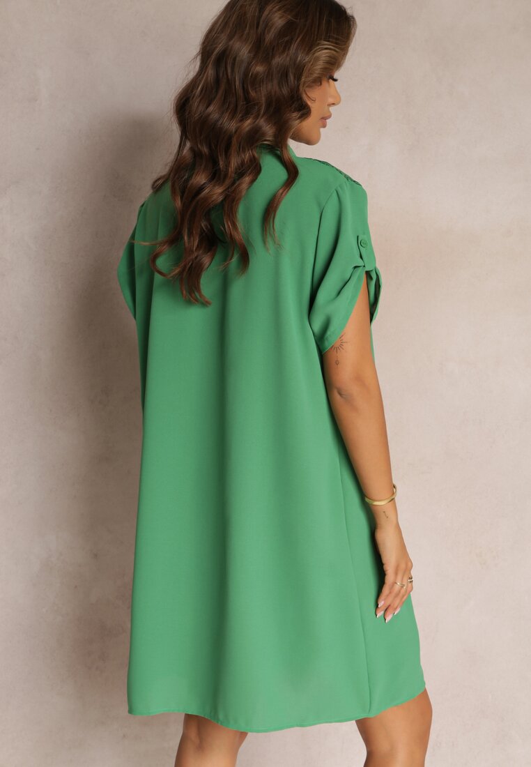 Zielona Koszulowa Sukienka z Ozdobną Koronką i Krótkim Rękawem Cinzia