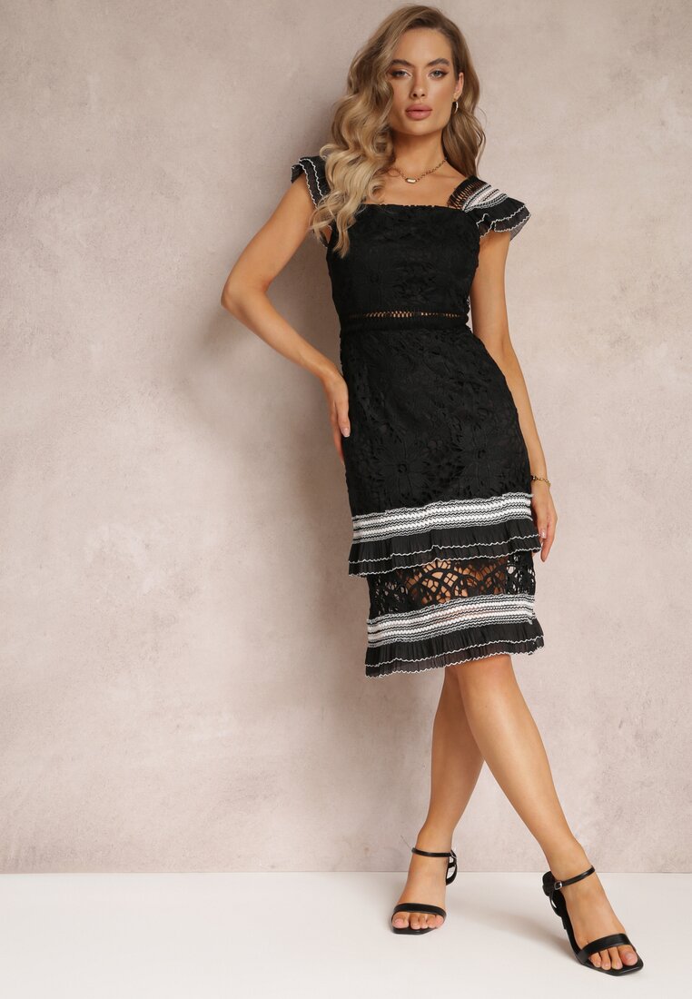 Czarna Taliowana Sukienka Midi z Głębokim Dekoltem z Ażurowej Tkaniny Eleonota