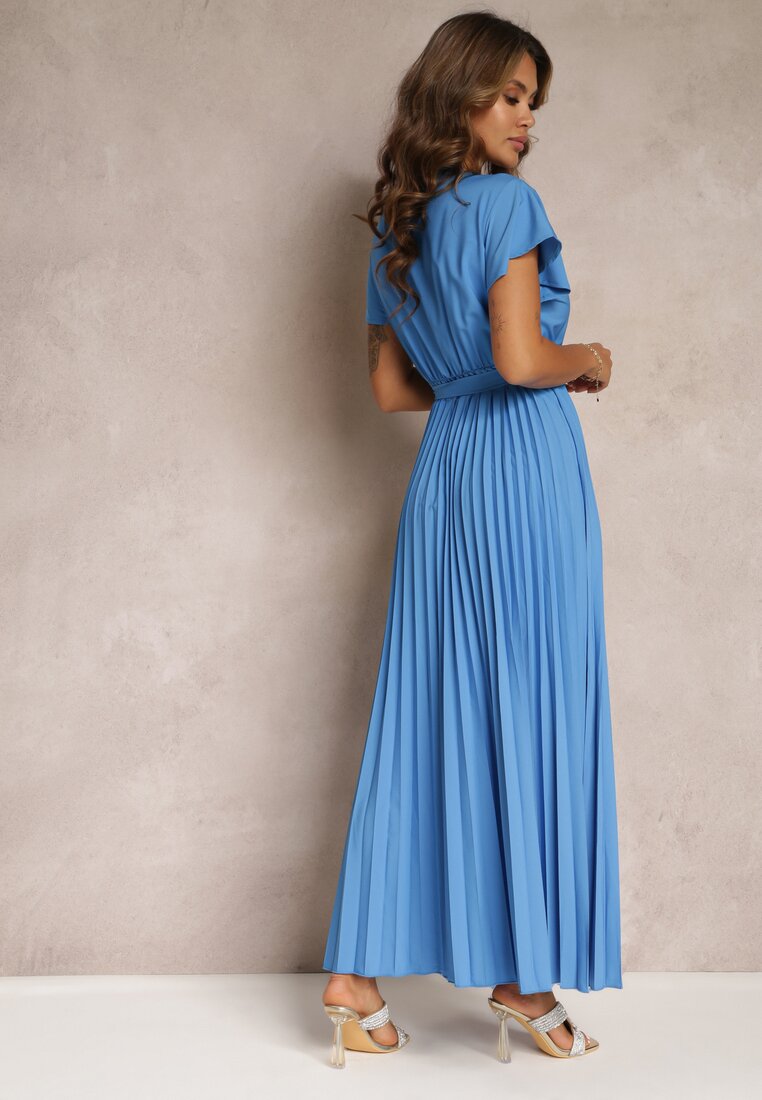 Rochie Maxi de Cocktail Albastră cu Pliuri Decolteu Triunghiular și Fundă în Talie Phoelia