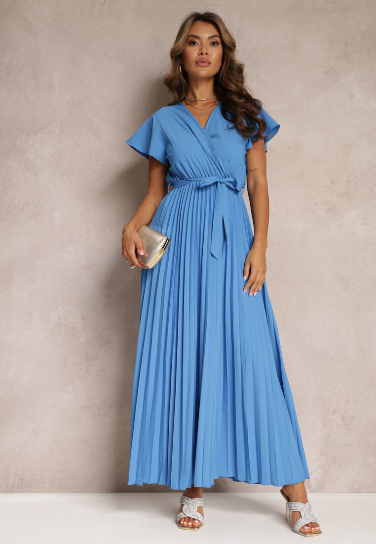Rochie Maxi de Cocktail Albastră cu Pliuri Decolteu Triunghiular și Fundă în Talie Phoelia