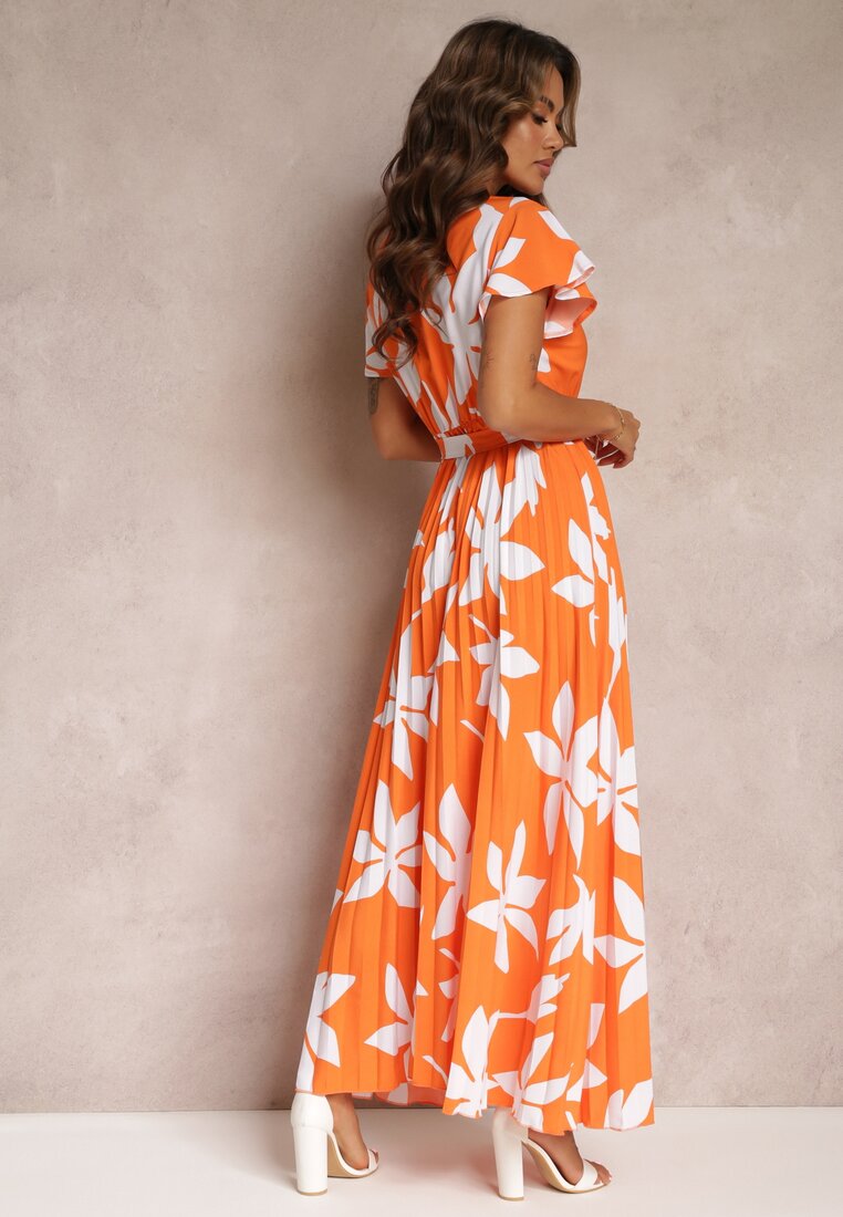 Pomarańczowa Wiskozowa Sukienka Maxi z Gumką w Talii i Plisowanym Dołem Martisa