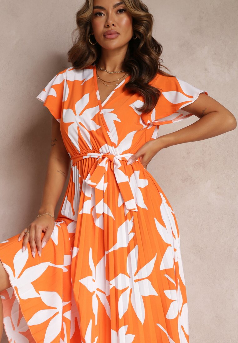 Pomarańczowa Wiskozowa Sukienka Maxi z Gumką w Talii i Plisowanym Dołem Martisa