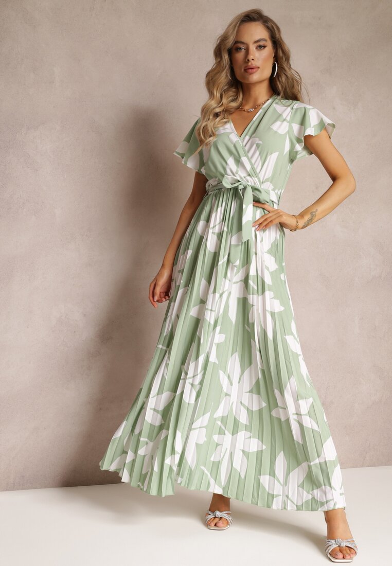 Jasnozielona Wiskozowa Sukienka Maxi z Gumką w Talii i Plisowanym Dołem Martisa