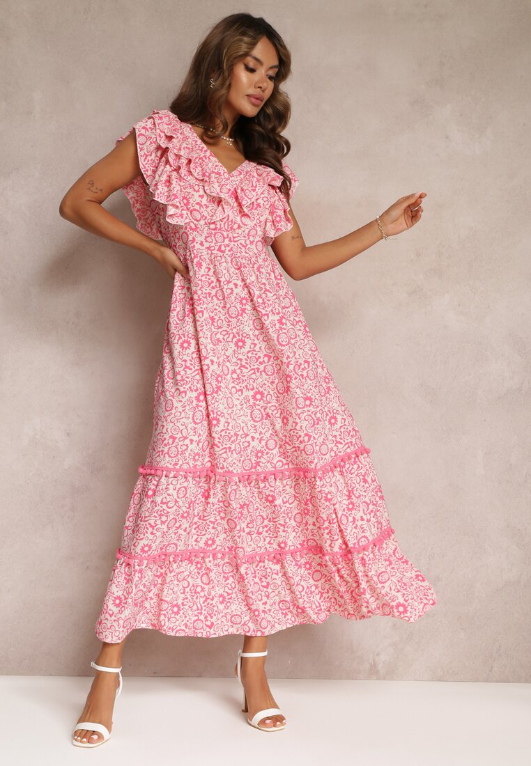 Różowa Wiskozowa Sukienka Maxi z Falbanką przy Dekolcie i Gumką w Pasie Lamimore