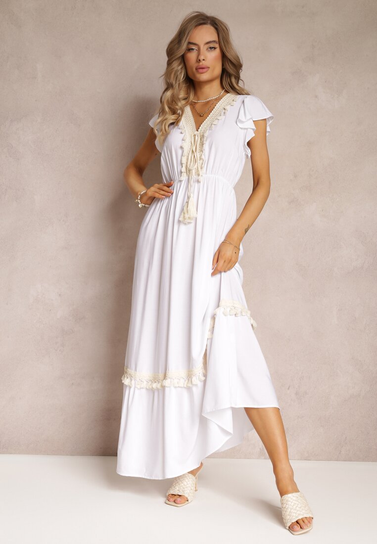 Biała Wiskozowa Maxi Sukienka z Frędzlami i Wiązaniem przy Dekolcie Rosania