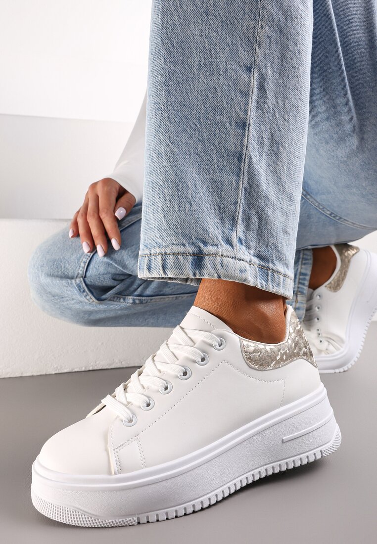 Biało-Złote Sneakersy na Platformie przed Kostkę Ocania