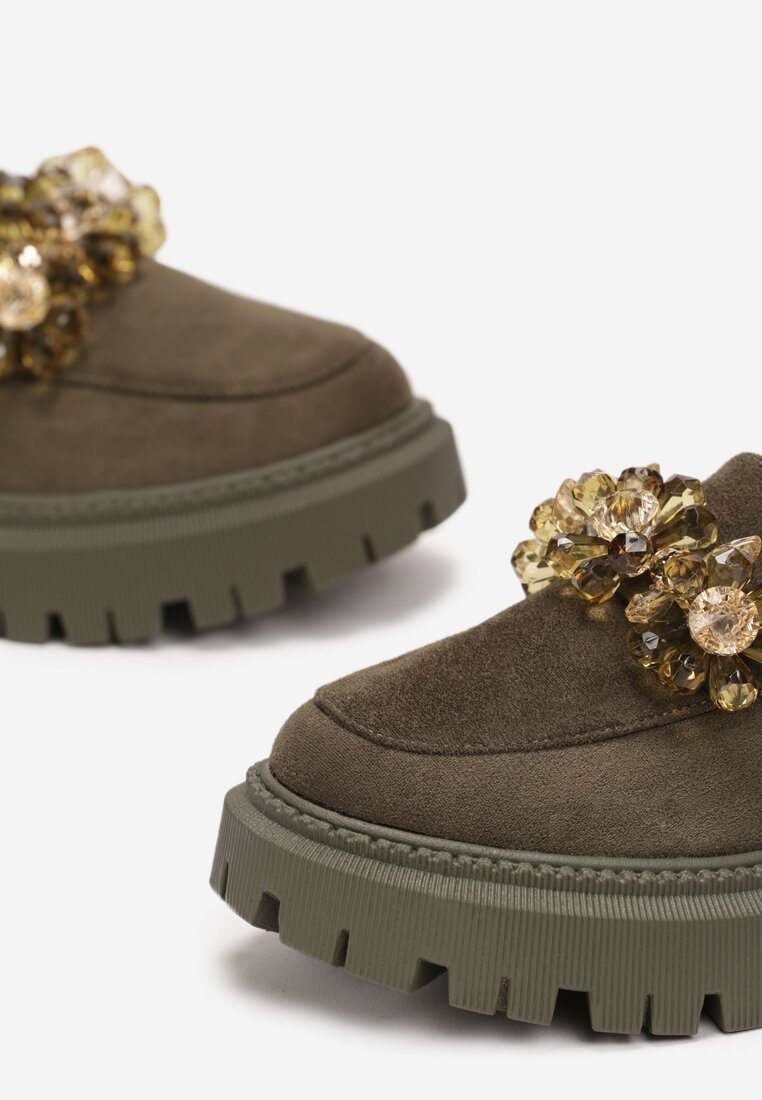 Zielone Mokasyny z Kryształkami na Grubej Podeszwie Kimza