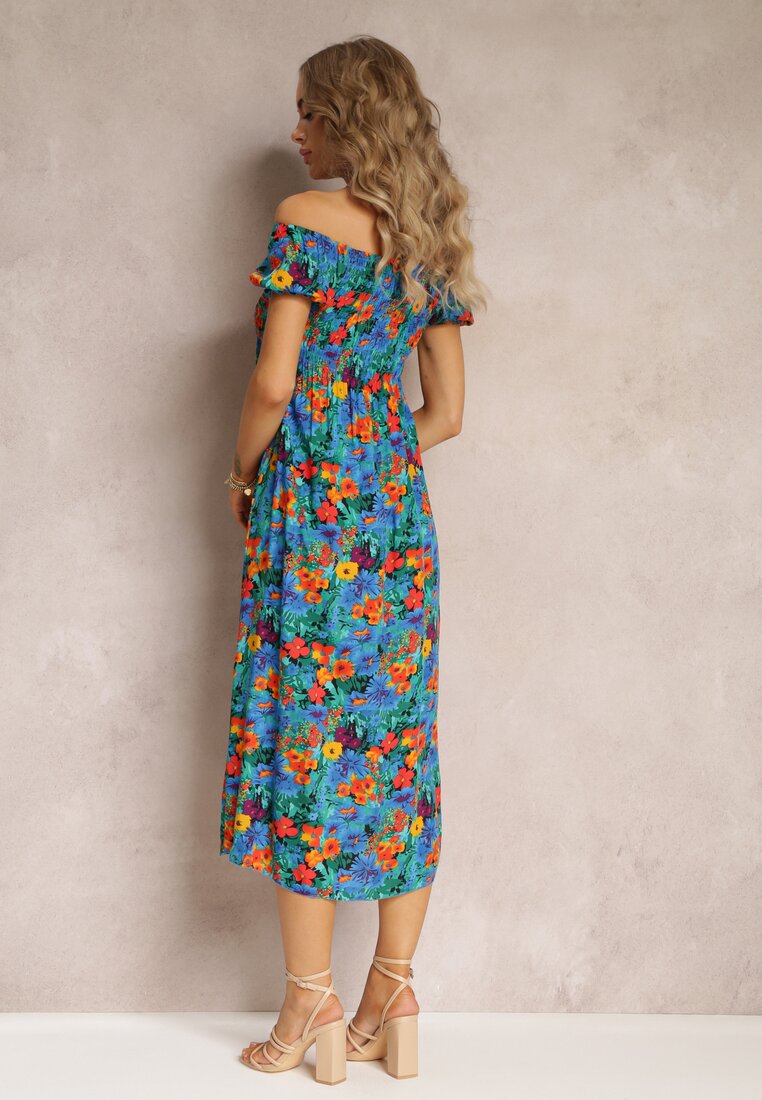 Niebieska Wiskozowa Sukienka Midi O Fasonie Hiszpanki w Kwiatowy Print Ambersen