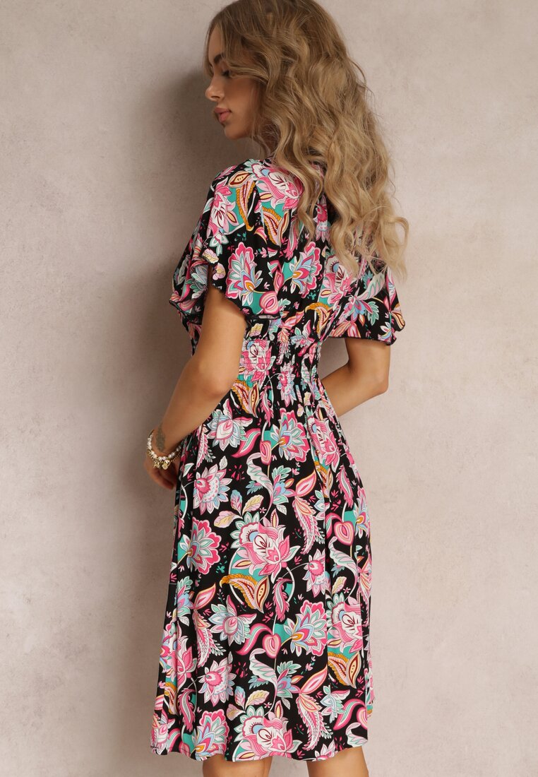 Rochie Neagră-Roz din Viscoză cu Flori Sdile